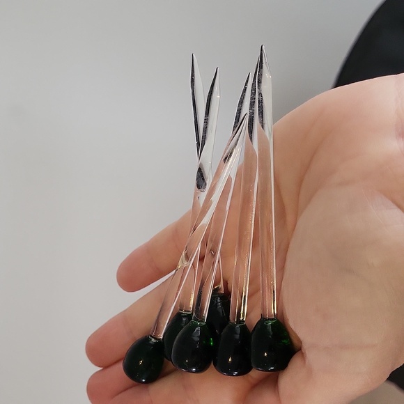 6 Vintage Glass Olive Appetizer Picks, Bar Ware, 4" Green Olive Drink Sticks - Picture 6 of 8